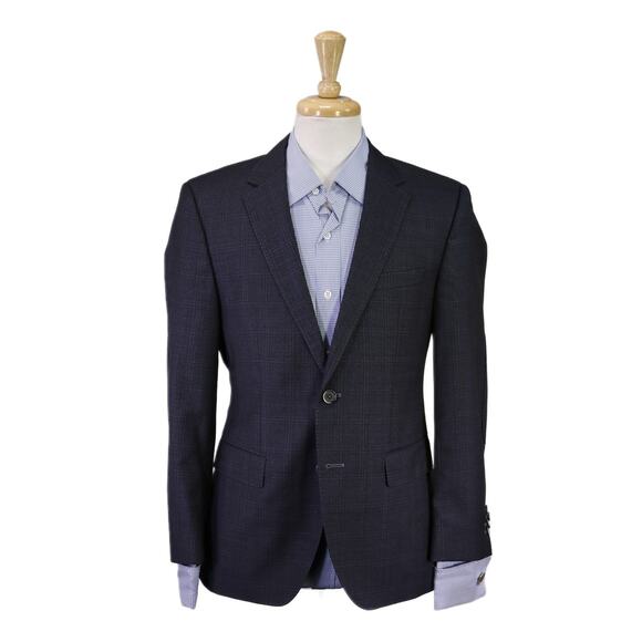 Hugo Boss Gray Black Blue Check Windowpane Wool 2-Btn Sportcoat Blazer 36S - Picture 1 of 11